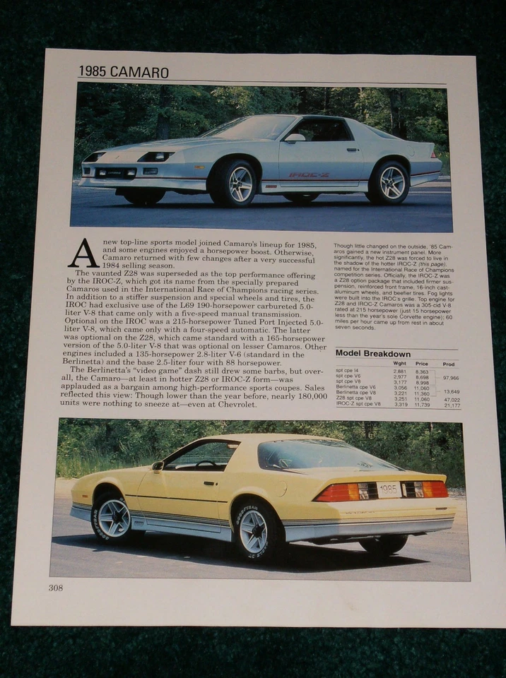 1985 Chevy Camaro Spec Sheet Info Photo 85 Z/28 Z28 Iroc-Z 305 Berlinetta - Image 1 of 1