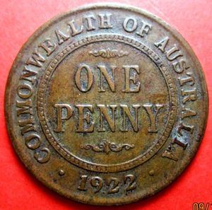 1922 AUSTRALIAN KING GEORGE V PENNY - # 3/10/23 - Picture 1 of 4
