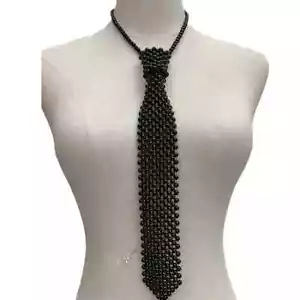 Collar de corbata con cuentas de perlas sintéticas negras - Accesorio estilo bufanda llamativo - Imagen 1 de 4