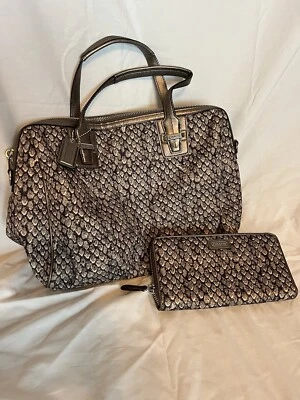 Coach Taylor Snake Print Satchel Hand Bag Metallic Leather Trim Matching Wallet - Image 1 of 4