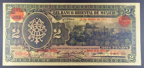 1914 Mexico - El Banco Oriental de Mexico 2 Pesos Banknote, P-S389a; SN 3 Cover