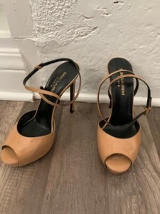 Saint Laurent Tan Patent Leather Sandals Heels 37 US 7 - Picture 1 of 14