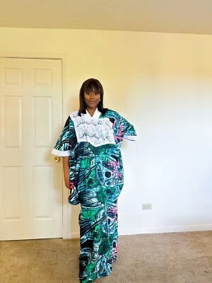 African Boubou kaftan, green print Ankara with white lace (one size fits all) - Image 1 of 2
