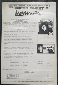 Ladyhawke  (1985) Cinema Marketing & Promotions Press Sheet Free Post - Picture 1 of 1