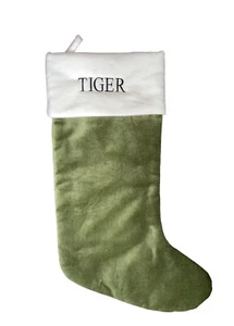 Pottery Barn Velvet Christmas Stocking Green White TIGER Monogram NWT - Picture 1 of 6
