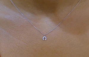 HORSESHOE NECKLACE WITH DIAMONDS 14K WHITE GOLD 0.08CT SI1 CLARITY G COLOR - Picture 1 of 6