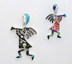 CUTE HANDMADE KOKOPELLI PENDANT IN TURQUOISE/MULTICOLOR INLAY .925 SILVER - Picture 1 of 3