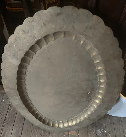 Vtg India Moroccan Mid Century Coffee BRASS Tray Table Top 30.25”x 21.5” Etched Cover