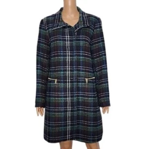 Worthington Women's Green/Blue Plaid Full Zip Wool Blend Coat Length Size L - Picture 1 of 15