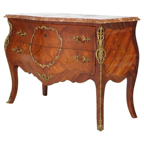 Antique French Louis XV Style Marble, Kingwood & Satinwood Marquetry Commode Cover