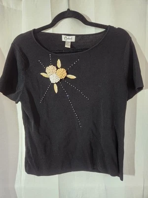 Vintage Women's Carducci Black Tan Floral Applique Short Sleeve Sweater  ~ Sz L - Image 1 of 4