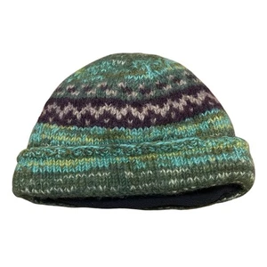 Vintage Venus Imports Mütze Herren Einheitsgröße Beanie Strick Wolle Fleece Linie grün blau Nepal - Bild 1 von 5