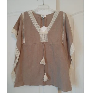 Hayden Los Angeles hellbraun elfenbein Spitzenbesatz hauchdünne Baumwolle Poncho Kaftan Top M NEU Boho - Bild 1 von 4