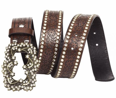 Womens-Western-Belt Rhinestone-Cowboy-Cowgirl Belt - Embossed PU-Leather Belt... - Image 1 of 4