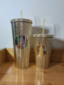New Metalic Gold Starbucks Studded Diamond Tumbler Set 24 oz & 16 oz Cold Cup - Picture 1 of 6