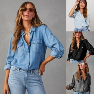 Ladies Casual Loose Denim Top Shirt Jean Button Lapel Pocket Blouse Shacket SIZE - Picture 1 of 30
