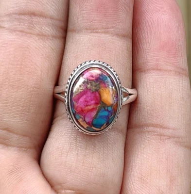 Anillo Piedra Turquesa Rosa Plata 925 Sólida Hecho a Mano Ropa de Fiesta Anillo Todas las Tallas R331 Foto 1 de 3