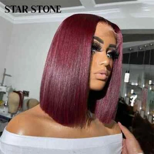 Red 99j Short Bob Human Hair Wig Straight Brazilian Lace Frontal Wig PrePlucked - Picture 1 of 26