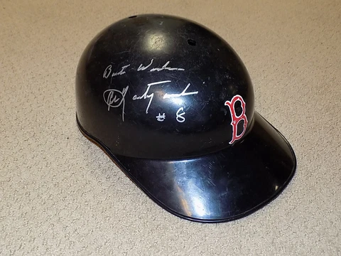 Carl Yastrzemski Game Worn Signed Flapless Batting Helmet Red Sox HOF Cover