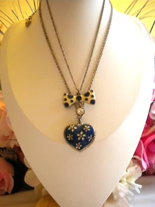 BETSEY JOHNSON VINTAGE BLUE AND WHITE POLKA DOT BOW AND FLORAL HEART NECKLACE - Picture 1 of 15