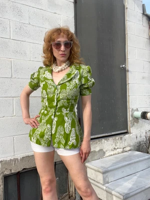 PSYCHEDELIC PHALLUS Vintage 1960s Olive Green Printed Cotton Peplum Blouse with - Image 1 of 4