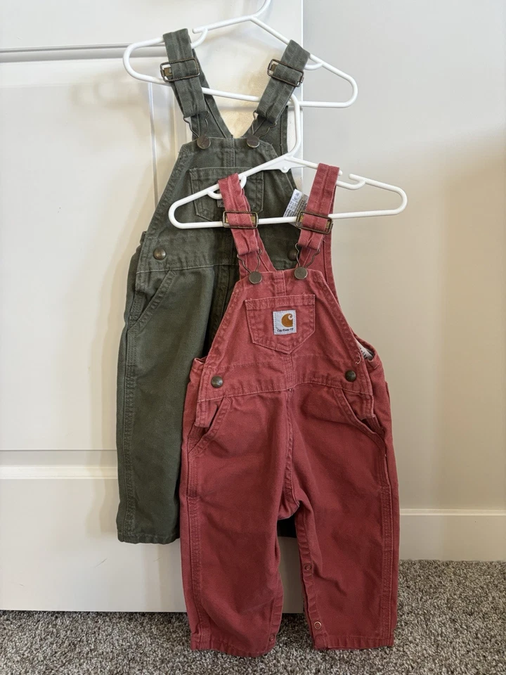 Винтажный детский комбинезон Carhartt на 24 месяца из терракоты и зеленого цвета - Изображение 1 из 4