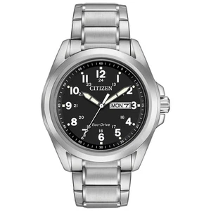 Citizen Herrenuhr Eco Drive schwarzes Ziffernblatt Tag Datum silber Stahl 44mm AW0110-58E - Bild 1 von 1