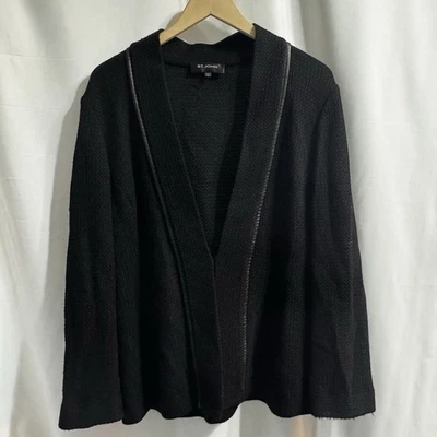 St. John Womens Black Wool Leather Knit Cardigan 16 Sweater Luxury Classic - Image 1 of 4