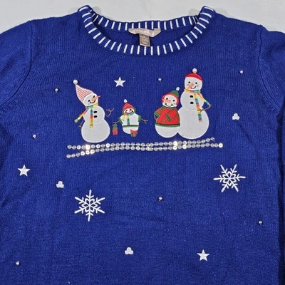 Vintage Christmas Snowman White Stag Blue Sweater Women's 3XL Snowflake Holiday - Image 1 of 4