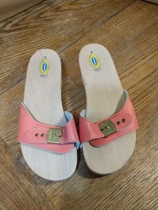 Vintage Dr Scholls Wooden Clog Flat Sandals Coral Made Italy Sz 6 The Original - Picture 1 of 14