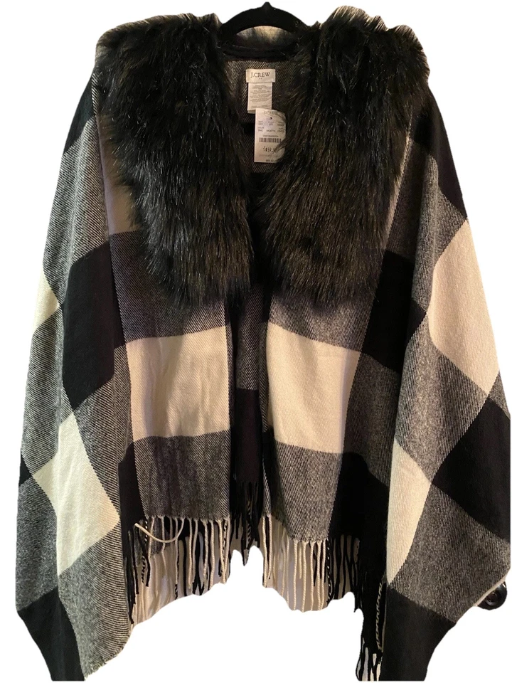 J.Crew Faux Fur Cape Scarf Black White Plaid Womens One Size Style AG527