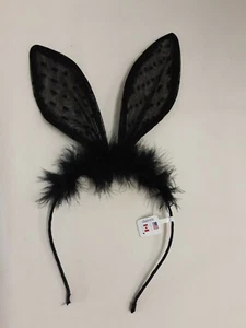 Claire's Halloween Black Bunny Ears Headband W/Polka Dot Lace & Faux Fur BNWT! - Picture 1 of 3