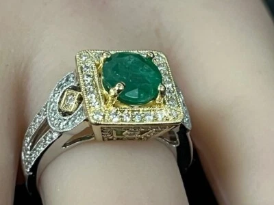 Hermoso y único anillo de oro de 14K, esmeralda natural y diamantes naturales - ¡NUEVO! Foto 1 de 4