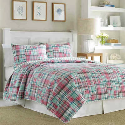 Nautica SUTTER CREEK Quilted Standard Pillow Sham Madras Plaid Pink Teal Dorm - Image 1 of 4