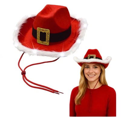 Unisex Iluminado LED Rojo y Blanco Papá Noel Navidad Vaquero Sombrero Disfraz Occidental Foto 1 de 4