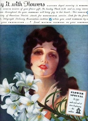 Anuncio de Pascua de floristerías FTD originales de 1932. Rolf Armstrong Art sin firmar. Página grande Foto 1 de 2