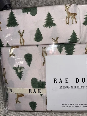 NUEVO CON ETIQUETAS RAE DUNN ÁRBOL DE VACACIONES ROSA RENO CIERVO NAVIDAD REY JUEGO DE SÁBANAS RARO Foto 1 de 2