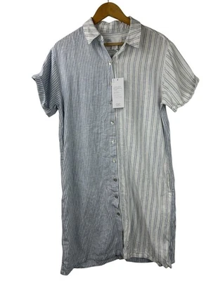 C&C California Womens M Linen Blend Shirt Dress Short Sleeve Blue White Stripe - Image 1 of 4