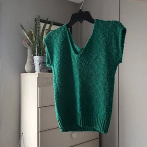Vintage grün Strick Pullover Weste Kurzarm V-Ausschnitt Oberteil Damen S Boho tailliert - Bild 1 von 8
