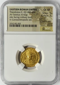 EASTERN ROMAN EMPIRE AD 402-450 THEODOSIUS AV SOLIDUS(4.42G) NGC ANCIENTS CH XF - Picture 1 of 2