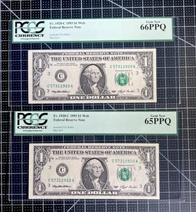 (2) Fr 1920 C 1993 $1 FRN Philadelphia WEB Note Consecutive SN PCGS 66 & 65PPQ - Picture 1 of 2