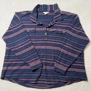 Natural Reflections Women's 1X Navy Blue Red Striped Long Sleeve Polo Shirt - Picture 1 of 12
