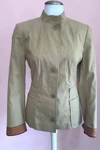 AKRIS PUNTO 6 Beige Orange Trim Cotton Long Designer Womens Blazer Jacket - Picture 1 of 10
