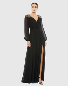 Mac Duggal Black Embellished Shoulder Blouson Sleeve Evening Gown Size 2 - Picture 1 of 10