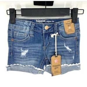 Hippie Girl Denim Shorts Kids Size 4 Shortie Snap Button Blue Distressed Crochet - Picture 1 of 6