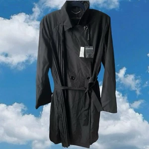 Marina Rinaldi Womens Black Raincoat Overcoat Size 12 Pleated Belted NEW - Picture 1 of 14