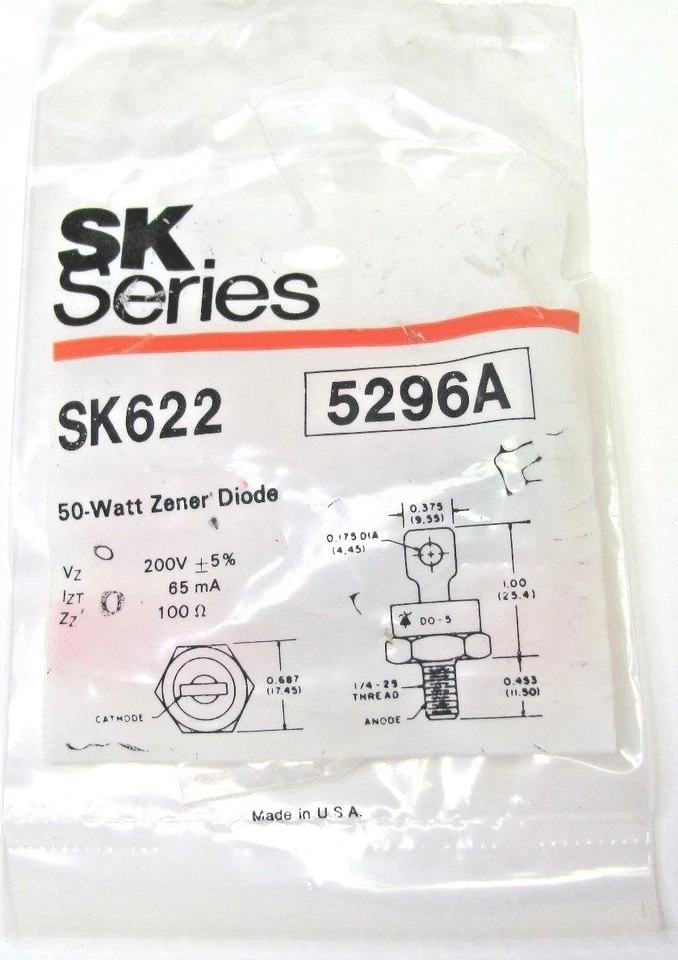 200V 50W Zener 二极管 - ±5% 公差 - DO-5 - RCA SK622 NTE5296A — 第 1/1 张图片