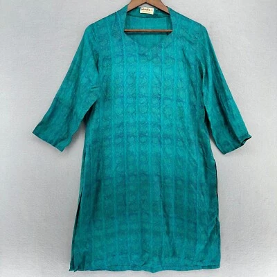 70 年代 Fabindia Paisley 束腰外衣连衣裙丝绸蓝绿色 3/4 袖手积木印花 M 复古 — 第 1/4 张图片