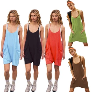 Women Pockets Strap Jumper Playsuit Knit Overalls Jumpsuit Romper Shorts Pants - Picture 1 of 34