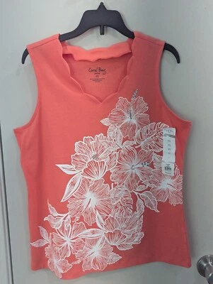 NWT Coral Bay Petite Small White Floral w/stud trim/Peach Sleeveless Top - Image 1 of 4